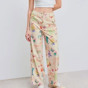 Cider Cream Wide-Leg Pants with Multicolor Fun Pet and Fruit Print
